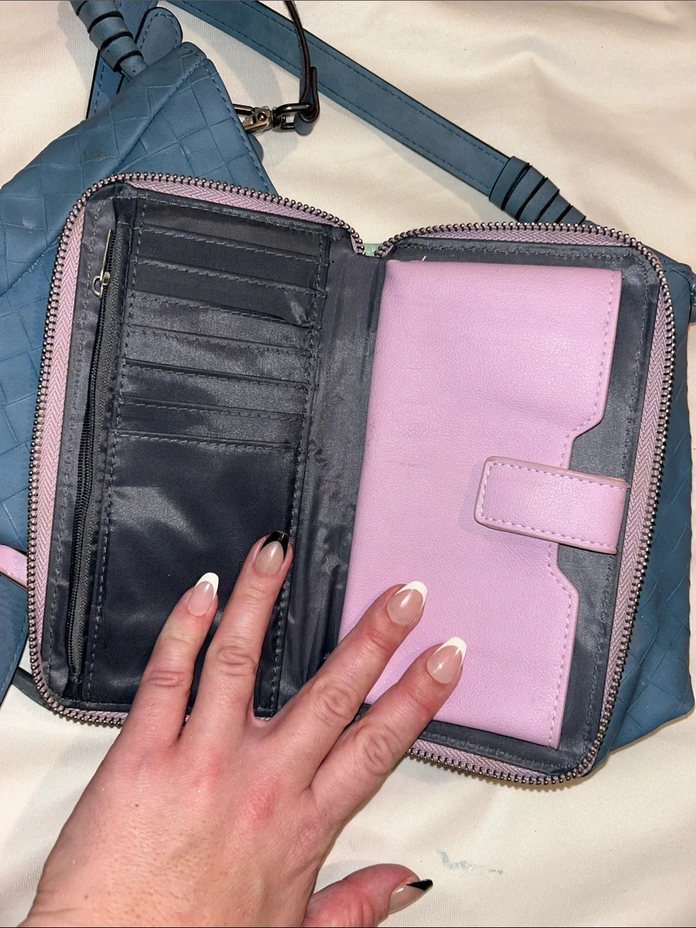 Blue Woven Shoulder Bag with Pastel Tie-Dye Wallet